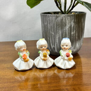 Napcoware Mini Angels Figurines 2" tall Napco Set of 3 Eyelashes Holding Flowers